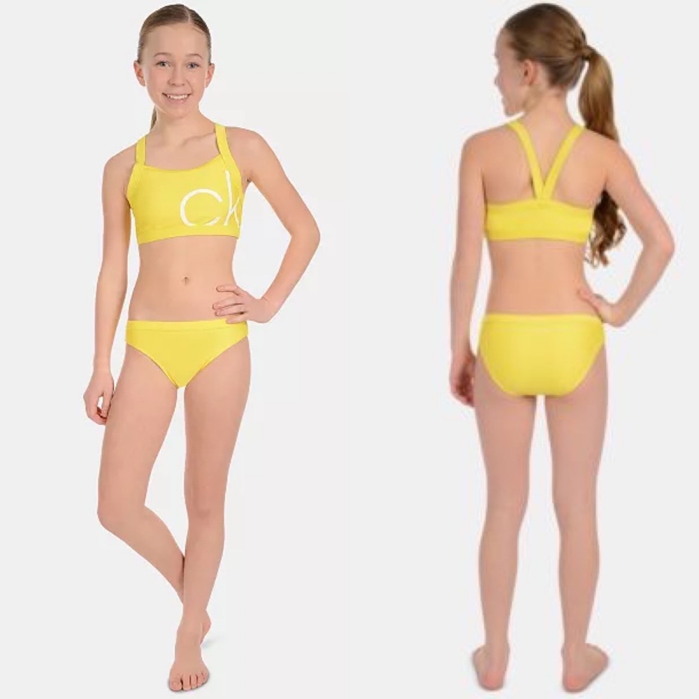 Calvin Klein girls two-piece bikini logo graphic in yellow size XL (16) NEW